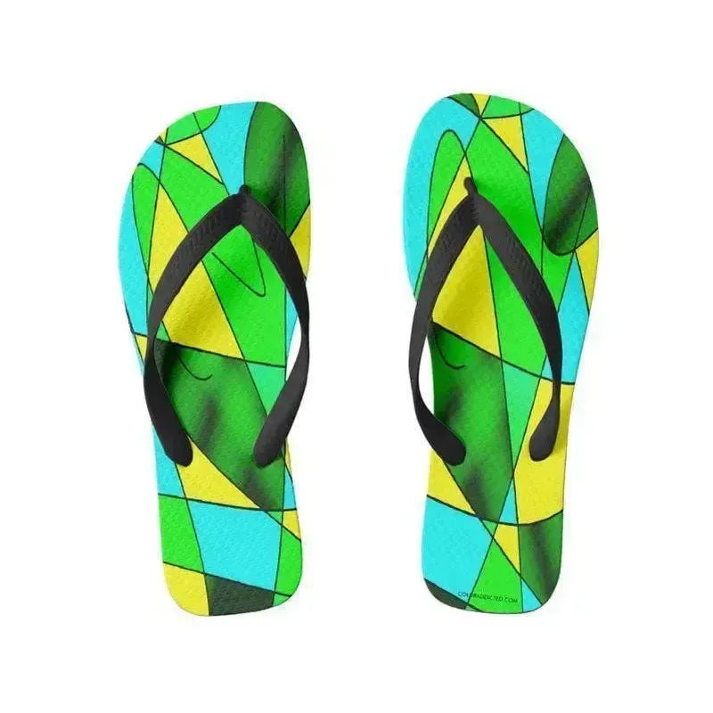 Flip Flops-ABSTRACT CURVES #2 Wide-Strap Flip Flops-Greens & Yellows & Light Blues-from COLORADDICTED.COM-