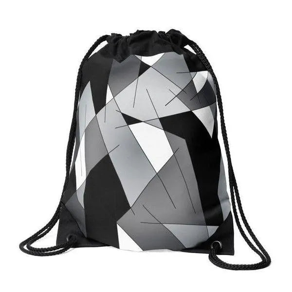 Drawstring Bags-ABSTRACT LINES #1 Drawstring Bags-Black & Grays & White-from COLORADDICTED.COM-