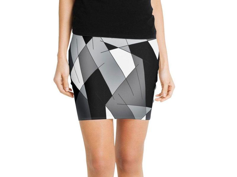 Mini Pencil Skirts-ABSTRACT LINES #1 Mini Pencil Skirts-Black &amp; Grays &amp; White-from COLORADDICTED.COM-
