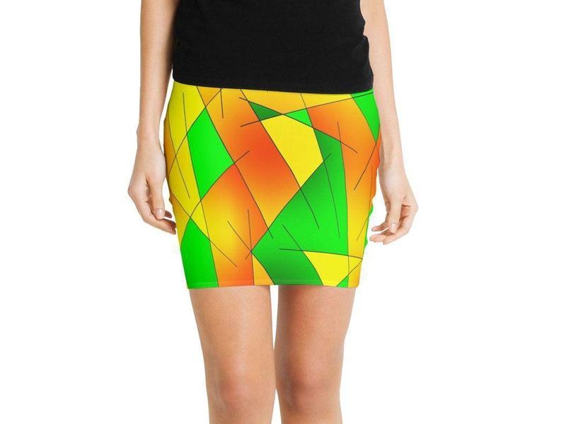 Mini Pencil Skirts-ABSTRACT LINES #1 Mini Pencil Skirts-Greens &amp; Oranges &amp; Yellows-from COLORADDICTED.COM-