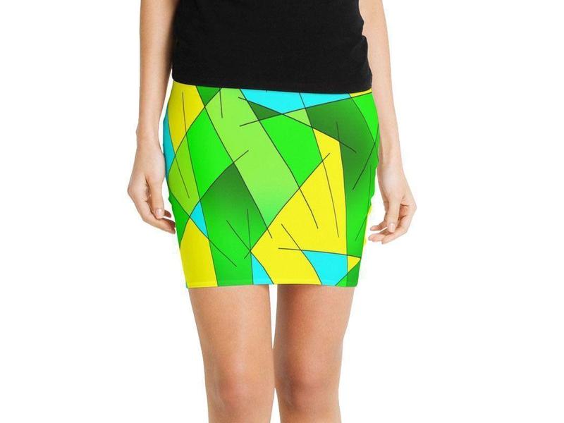 Mini Pencil Skirts-ABSTRACT LINES #1 Mini Pencil Skirts-Greens &amp; Yellows &amp; Light Blues-from COLORADDICTED.COM-