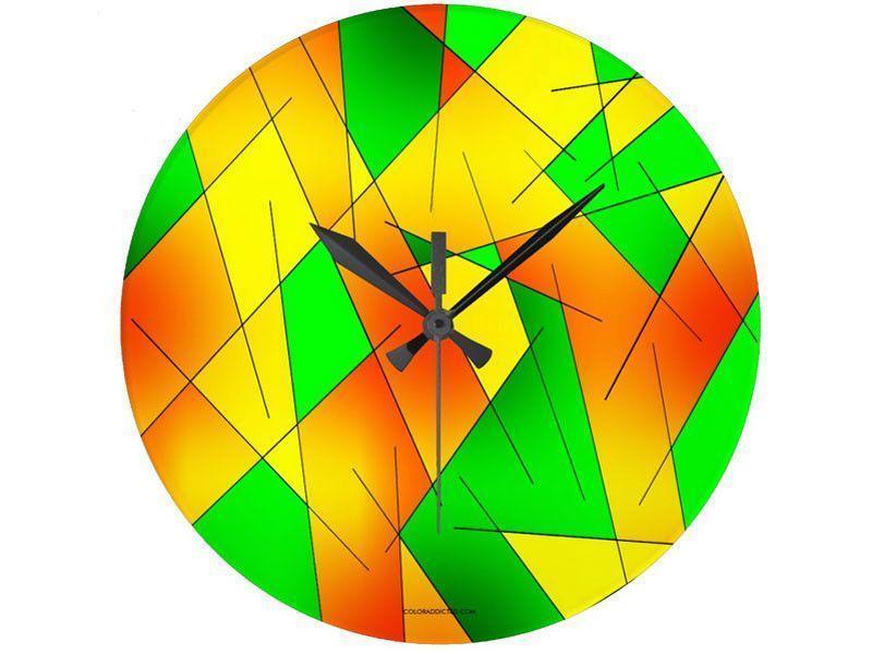 Wall Clocks-ABSTRACT LINES #1 Round Wall Clocks-Greens, Oranges &amp; Yellows-from COLORADDICTED.COM-