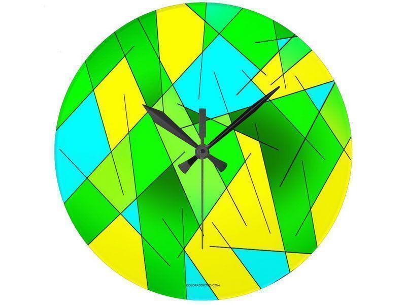 Wall Clocks-ABSTRACT LINES #1 Round Wall Clocks-Greens, Yellows &amp; Light Blues-from COLORADDICTED.COM-
