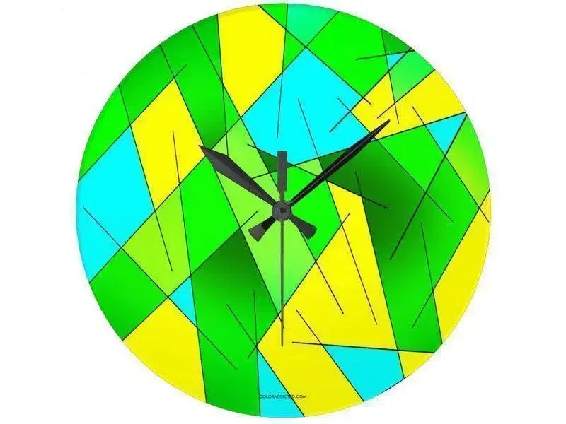 Wall Clocks-ABSTRACT LINES #1 Round Wall Clocks-Greens, Yellows & Light Blues-from COLORADDICTED.COM-