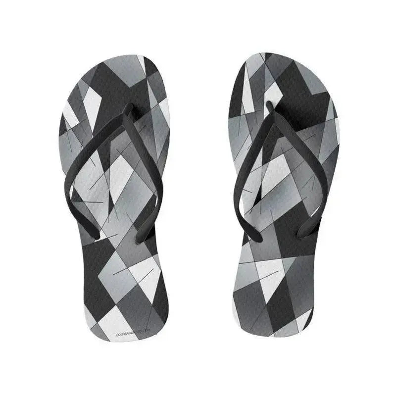 Flip Flops-ABSTRACT LINES #1 Slim-Strap Flip Flops-Black & Grays & White-from COLORADDICTED.COM-