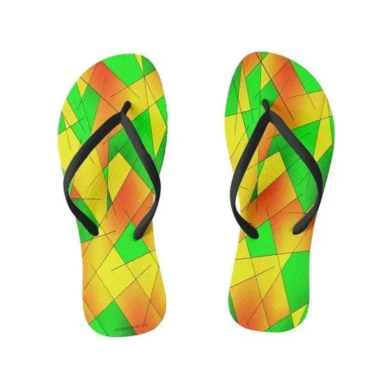 Flip Flops-ABSTRACT LINES #1 Slim-Strap Flip Flops-Greens & Oranges & Yellows-from COLORADDICTED.COM-