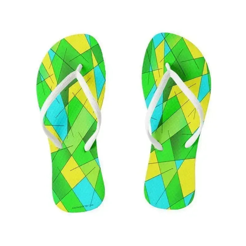 Flip Flops-ABSTRACT LINES #1 Slim-Strap Flip Flops-Greens & Yellows & Light Blues-from COLORADDICTED.COM-