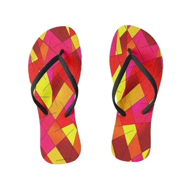 Flip Flops-ABSTRACT LINES #1 Slim-Strap Flip Flops-Reds & Oranges & Yellows & Fuchsias-from COLORADDICTED.COM-