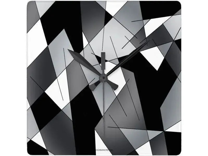 Wall Clocks-ABSTRACT LINES #1 Square Wall Clocks-Black, Grays & White-from COLORADDICTED.COM-