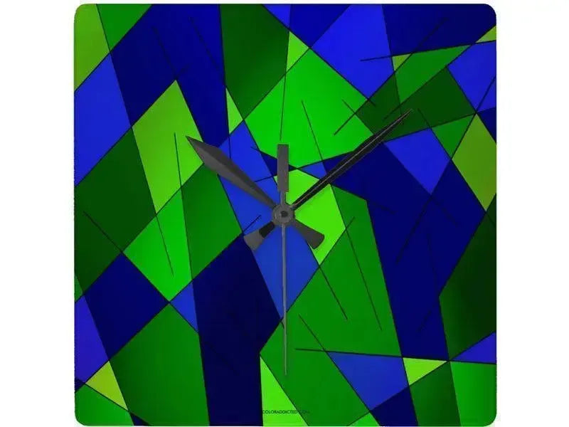 Wall Clocks-ABSTRACT LINES #1 Square Wall Clocks-Blues & Greens-from COLORADDICTED.COM-
