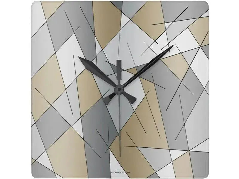 Wall Clocks-ABSTRACT LINES #1 Square Wall Clocks-Grays & Beiges-from COLORADDICTED.COM-