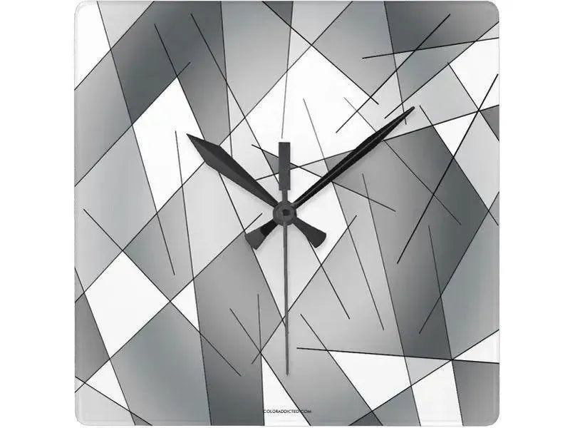 Wall Clocks-ABSTRACT LINES #1 Square Wall Clocks-Grays & White-from COLORADDICTED.COM-