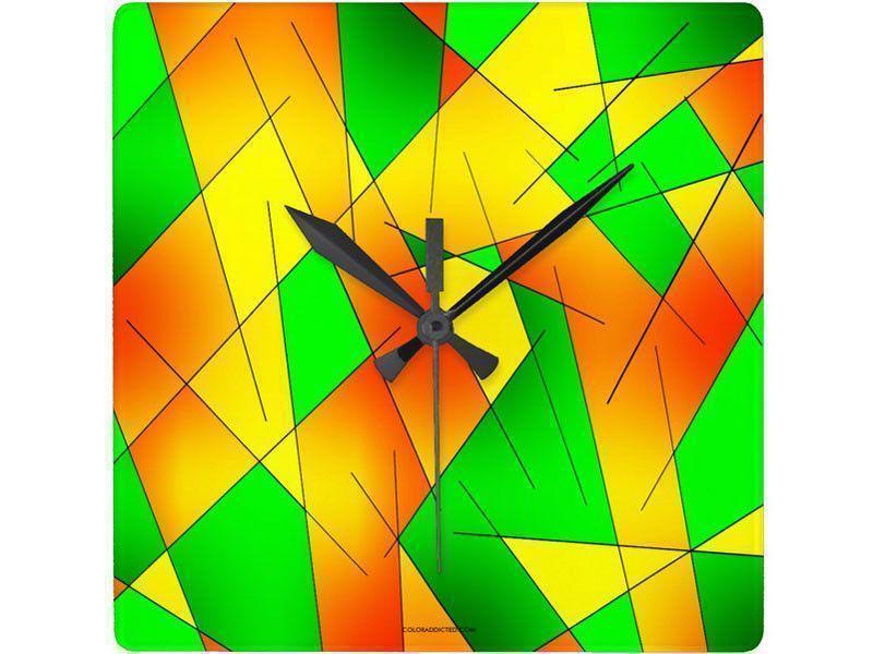 Wall Clocks-ABSTRACT LINES #1 Square Wall Clocks-Greens, Oranges &amp; Yellows-from COLORADDICTED.COM-
