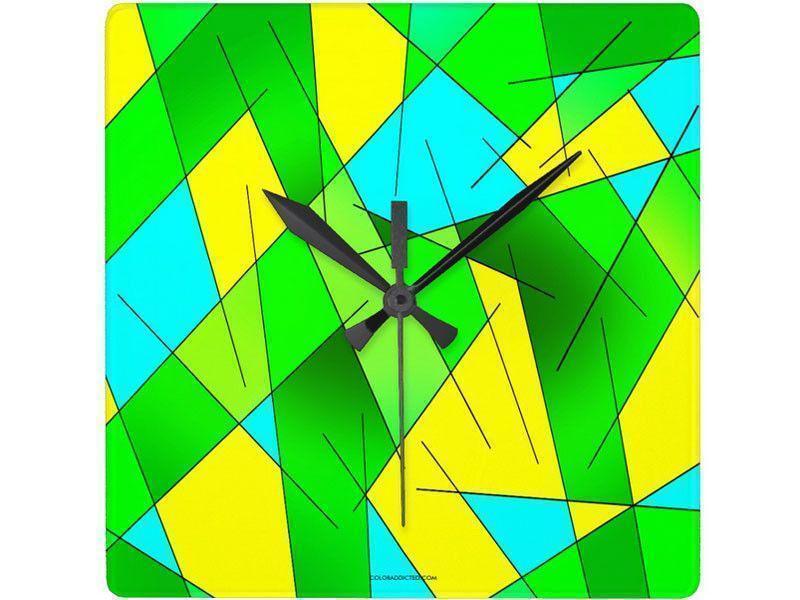 Wall Clocks-ABSTRACT LINES #1 Square Wall Clocks-Greens, Yellows &amp; Light Blues-from COLORADDICTED.COM-