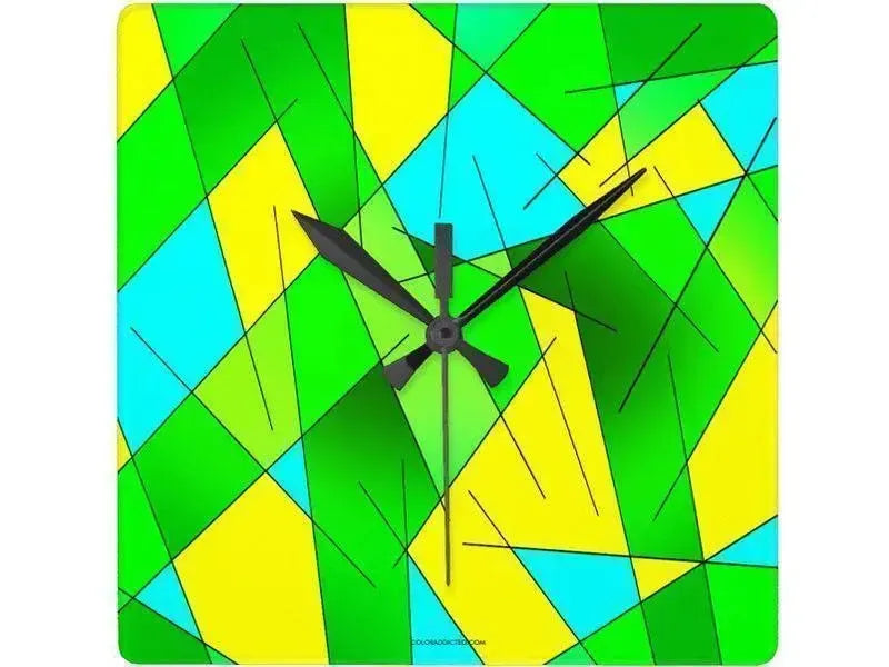 Wall Clocks-ABSTRACT LINES #1 Square Wall Clocks-Greens, Yellows & Light Blues-from COLORADDICTED.COM-