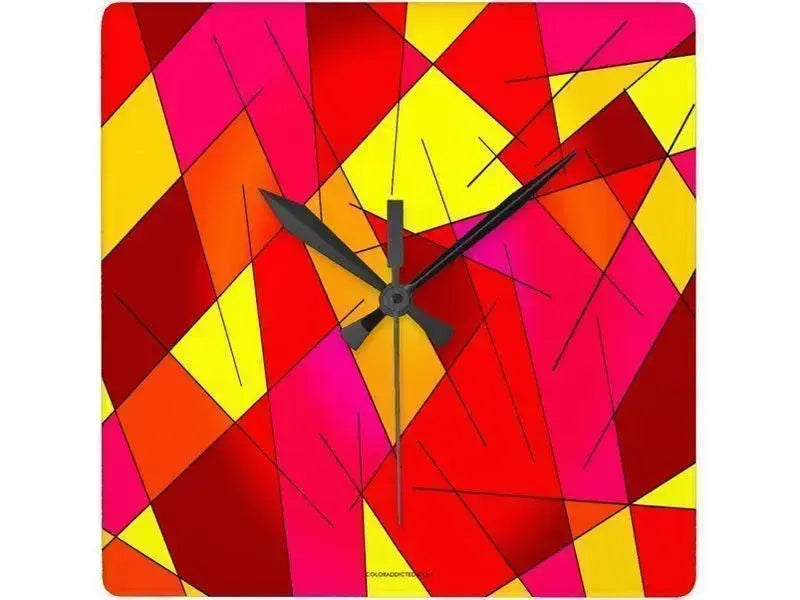 Wall Clocks-ABSTRACT LINES #1 Square Wall Clocks-Reds, Oranges, Yellows & Fuchsias-from COLORADDICTED.COM-