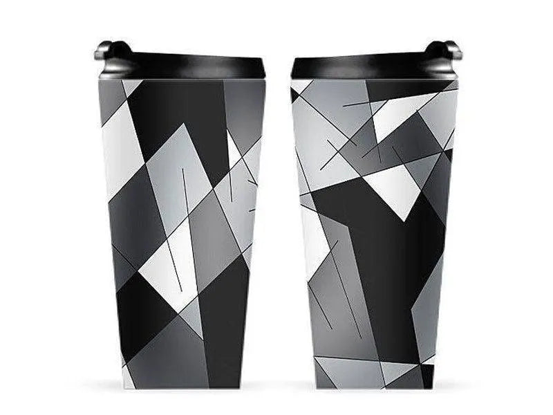 Travel Mugs-ABSTRACT LINES #1 Travel Mugs-Black & Grays & White-from COLORADDICTED.COM-