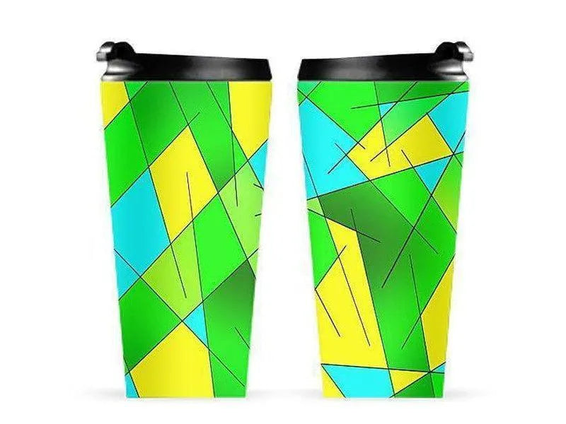 Travel Mugs-ABSTRACT LINES #1 Travel Mugs-Greens & Yellows & Light Blues-from COLORADDICTED.COM-