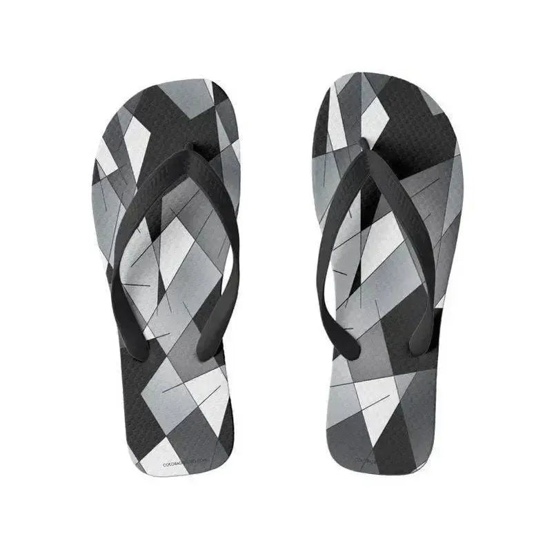 Flip Flops-ABSTRACT LINES #1 Wide-Strap Flip Flops-Black & Grays & White-from COLORADDICTED.COM-