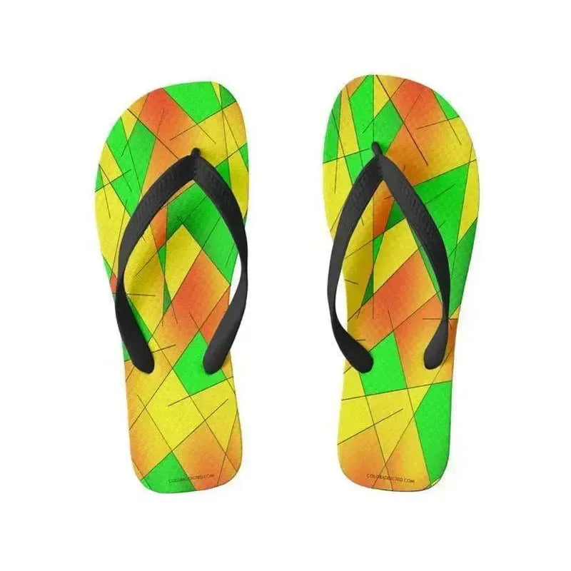 Flip Flops-ABSTRACT LINES #1 Wide-Strap Flip Flops-Greens & Oranges & Yellows-from COLORADDICTED.COM-