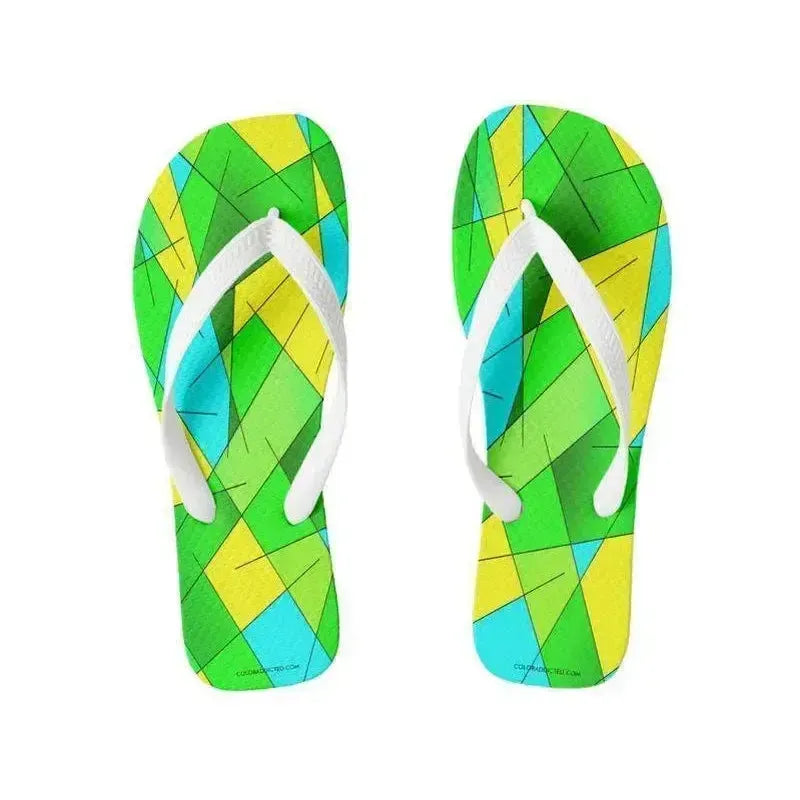 Flip Flops-ABSTRACT LINES #1 Wide-Strap Flip Flops-Greens & Yellows & Light Blues-from COLORADDICTED.COM-