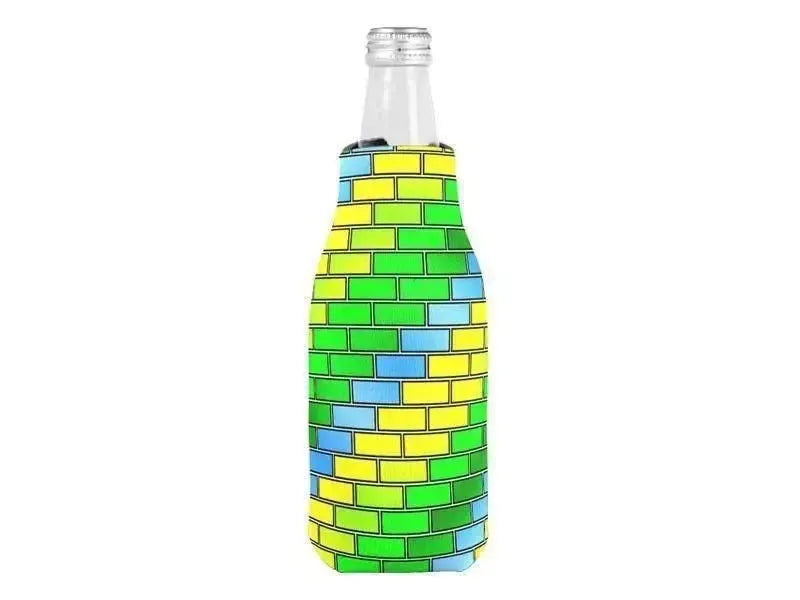 Bottle Cooler Sleeves – Bottle Koozies-BRICK WALL #2 Bottle Cooler Sleeves – Bottle Koozies-Greens & Yellows & Light Blues-from COLORADDICTED.COM-