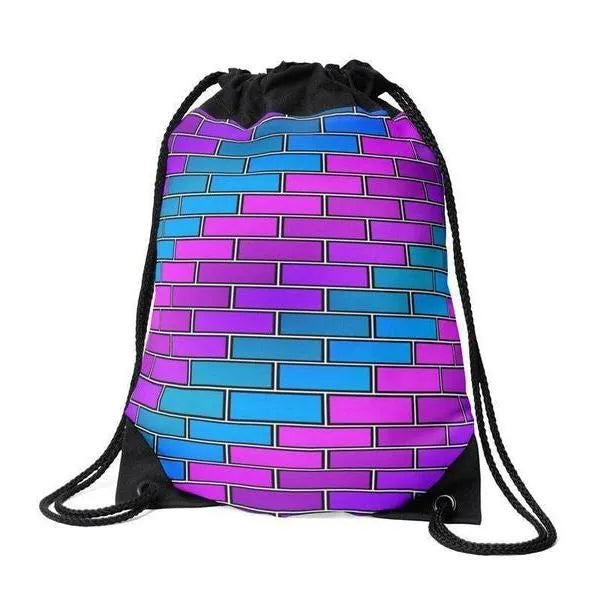 Drawstring Bags-BRICK WALL #2 Drawstring Bags-Purples & Violets & Fuchsias & Turquoises-from COLORADDICTED.COM-