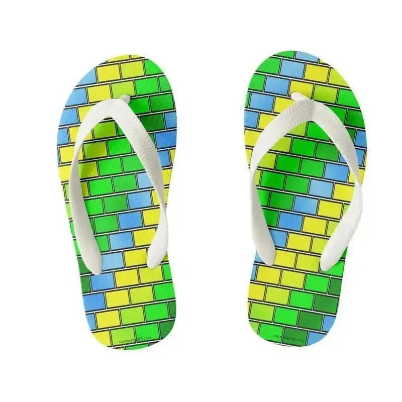 Kids Flip Flops-BRICK WALL #2 Kids Flip Flops-Greens & Yellows & Light Blues-from COLORADDICTED.COM-