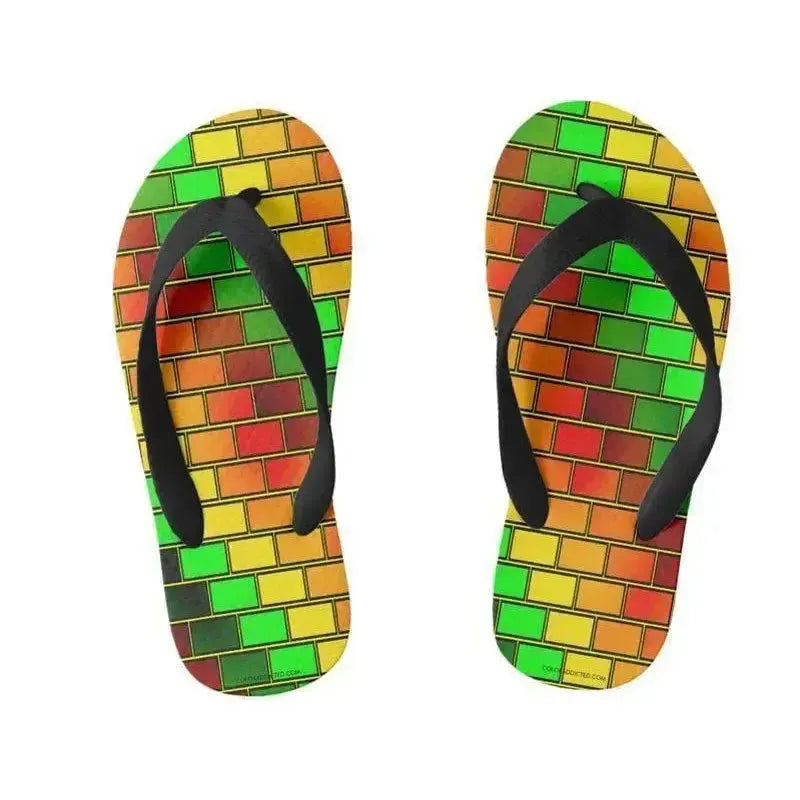 Kids Flip Flops-BRICK WALL #2 Kids Flip Flops-Reds & Oranges & Yellows & Greens-from COLORADDICTED.COM-