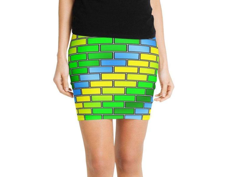 Mini Pencil Skirts-BRICK WALL #2 Mini Pencil Skirts-Greens &amp; Yellows &amp; Light Blues-from COLORADDICTED.COM-