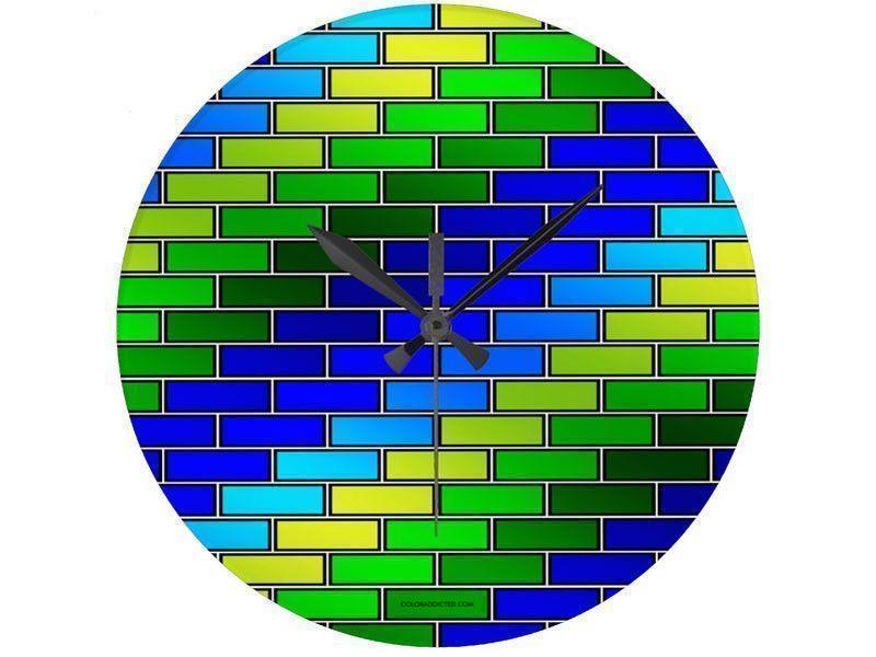 Wall Clocks-BRICK WALL #2 Round Wall Clocks-Blues &amp; Greens-from COLORADDICTED.COM-