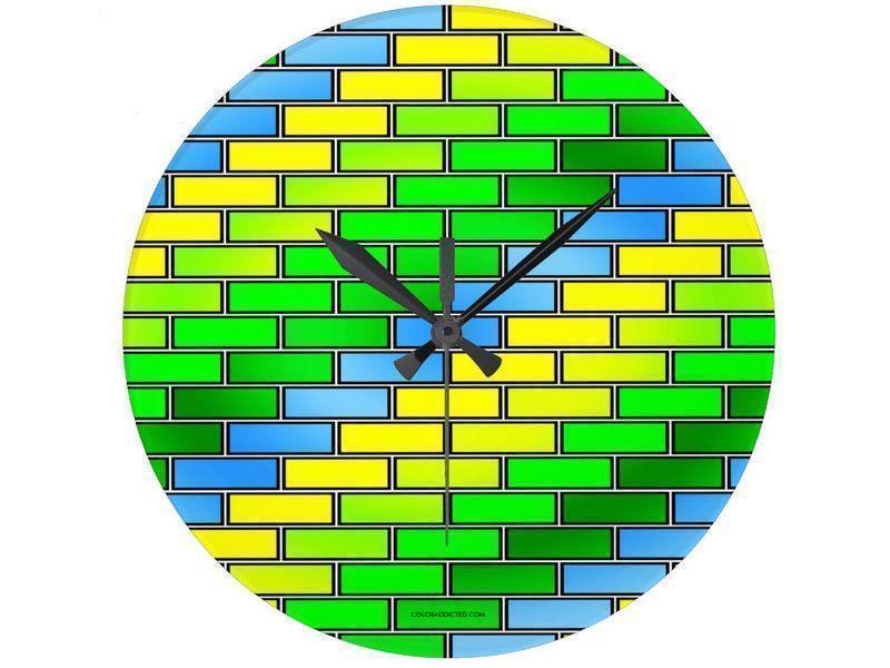 Wall Clocks-BRICK WALL #2 Round Wall Clocks-Greens, Yellows &amp; Light Blues-from COLORADDICTED.COM-