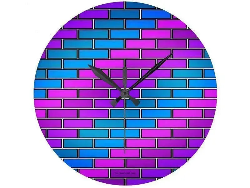 Wall Clocks-BRICK WALL #2 Round Wall Clocks-Purples, Violets, Fuchsias & Turquoises-from COLORADDICTED.COM-