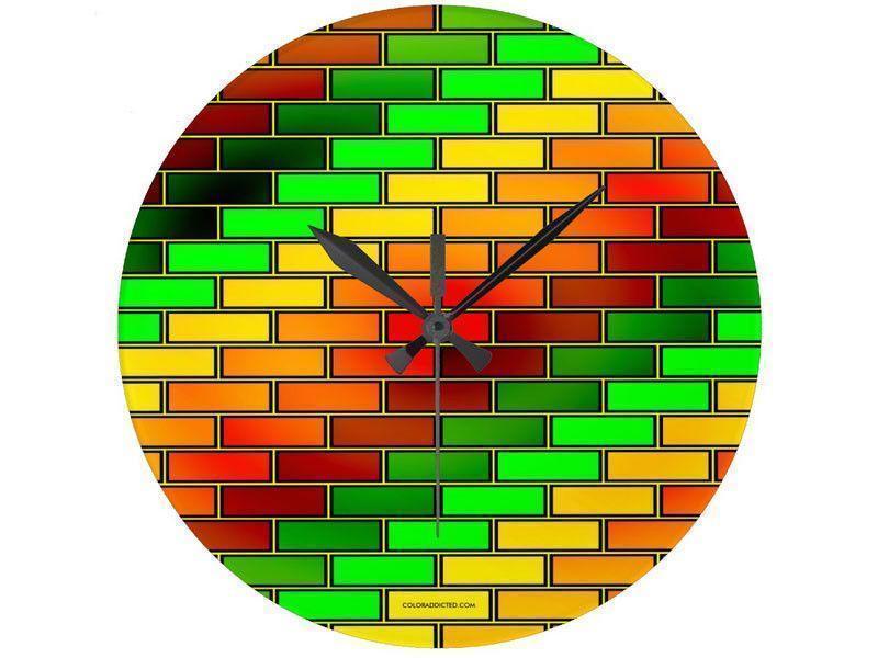 Wall Clocks-BRICK WALL #2 Round Wall Clocks-Reds, Oranges, Yellows &amp; Greens-from COLORADDICTED.COM-