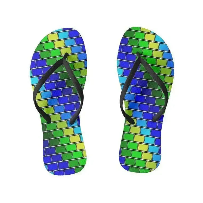 Flip Flops-BRICK WALL #2 Slim-Strap Flip Flops-Blues & Greens-from COLORADDICTED.COM-