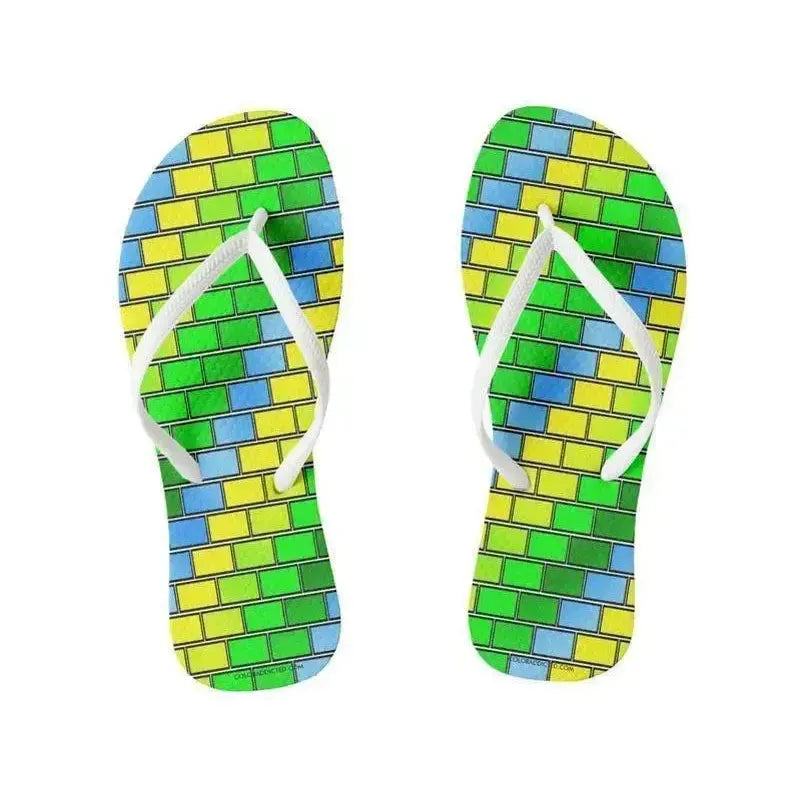 Flip Flops-BRICK WALL #2 Slim-Strap Flip Flops-Greens & Yellows & Light Blues-from COLORADDICTED.COM-