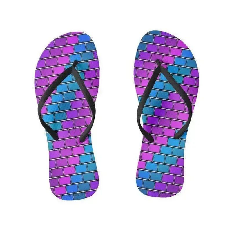 Flip Flops-BRICK WALL #2 Slim-Strap Flip Flops-Purples & Violets & Fuchsias & Turquoises-from COLORADDICTED.COM-