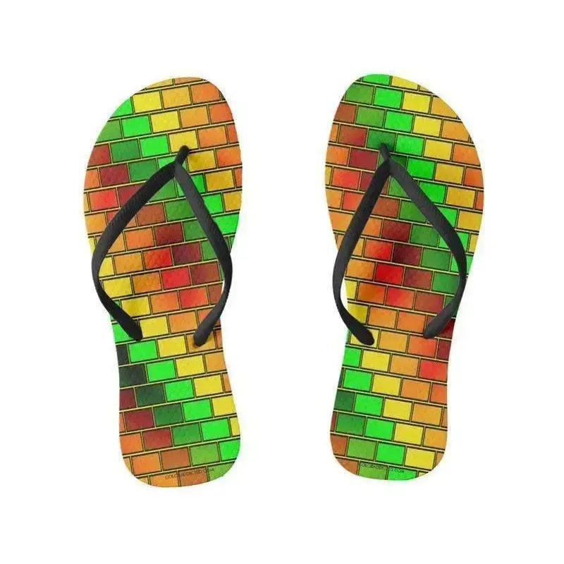 Flip Flops-BRICK WALL #2 Slim-Strap Flip Flops-Reds & Oranges & Yellows & Greens-from COLORADDICTED.COM-