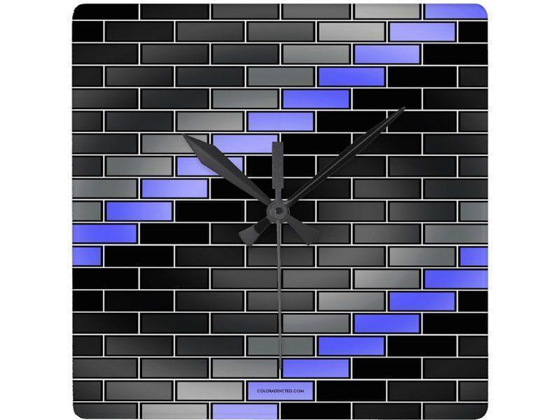 Wall Clocks-BRICK WALL #2 Square Wall Clocks-Black, Grays &amp; Light Blues-from COLORADDICTED.COM-
