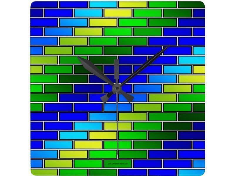 Wall Clocks-BRICK WALL #2 Square Wall Clocks-Blues &amp; Greens-from COLORADDICTED.COM-