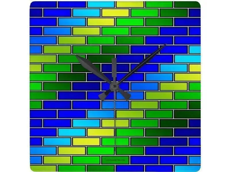 Wall Clocks-BRICK WALL #2 Square Wall Clocks-Blues & Greens-from COLORADDICTED.COM-