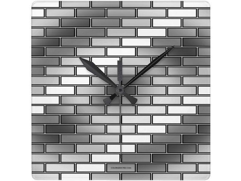 Wall Clocks-BRICK WALL #2 Square Wall Clocks-Grays &amp; White-from COLORADDICTED.COM-