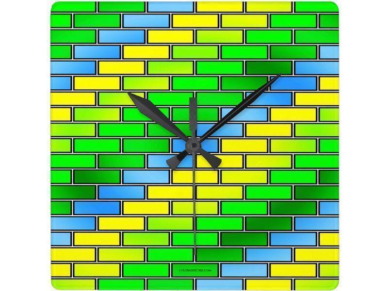 Wall Clocks-BRICK WALL #2 Square Wall Clocks-Greens, Yellows &amp; Light Blues-from COLORADDICTED.COM-
