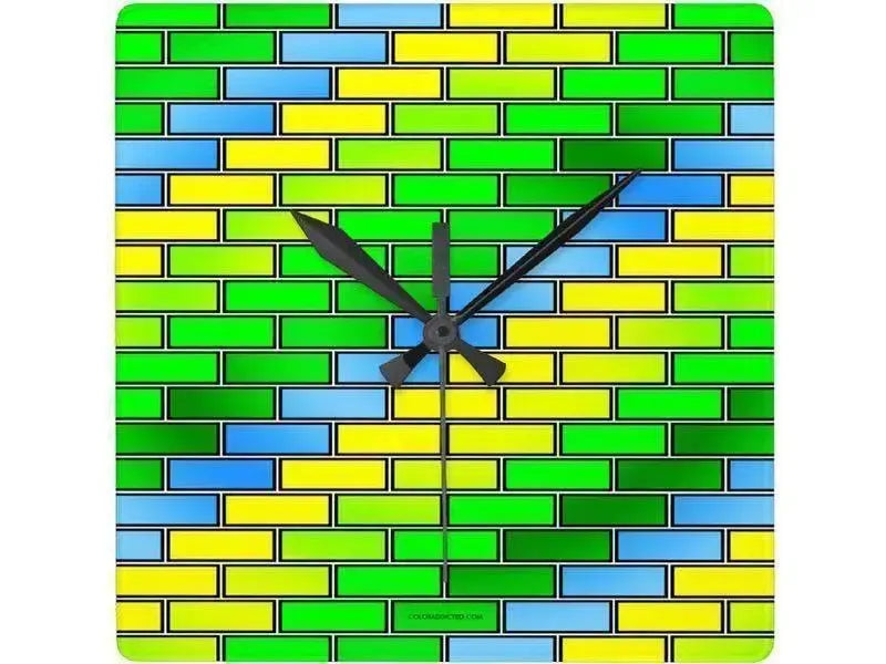 Wall Clocks-BRICK WALL #2 Square Wall Clocks-Greens, Yellows & Light Blues-from COLORADDICTED.COM-