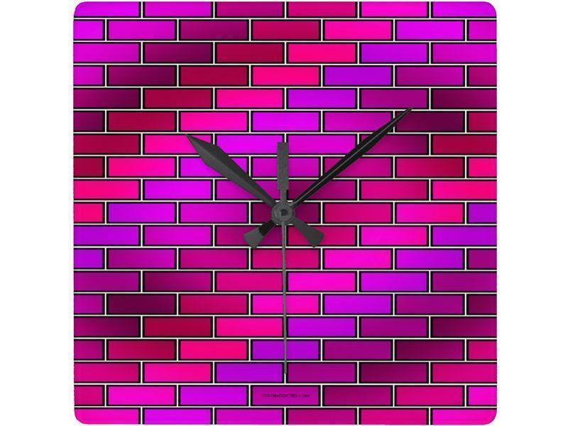 Wall Clocks-BRICK WALL #2 Square Wall Clocks-Purples, Fuchsias, Violets &amp; Magentas-from COLORADDICTED.COM-