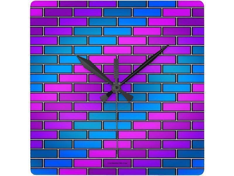 Wall Clocks-BRICK WALL #2 Square Wall Clocks-Purples, Violets, Fuchsias &amp; Turquoises-from COLORADDICTED.COM-