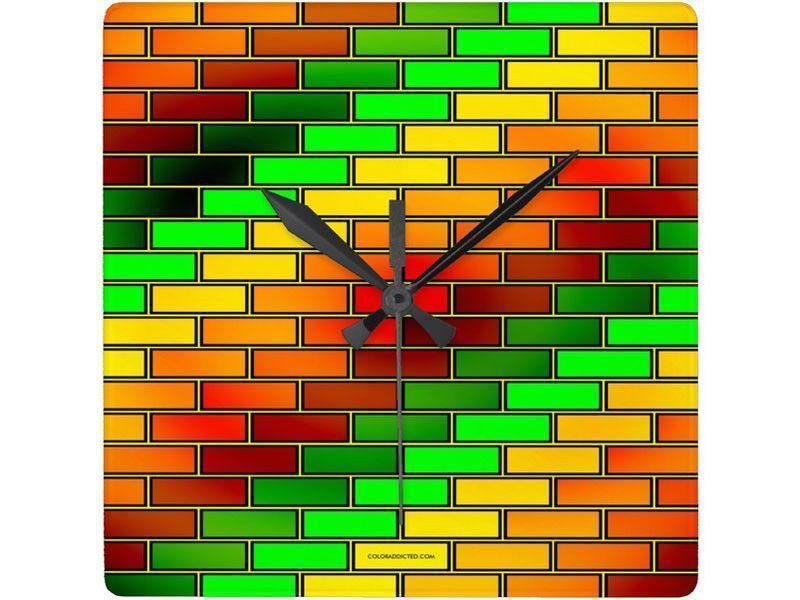 Wall Clocks-BRICK WALL #2 Square Wall Clocks-Reds, Oranges, Yellows &amp; Greens-from COLORADDICTED.COM-