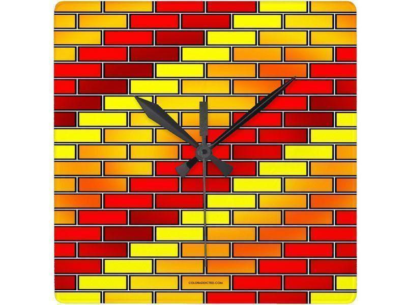 Wall Clocks-BRICK WALL #2 Square Wall Clocks-Reds, Oranges &amp; Yellows-from COLORADDICTED.COM-
