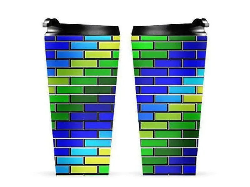 Travel Mugs-BRICK WALL #2 Travel Mugs-Blues & Greens-from COLORADDICTED.COM-
