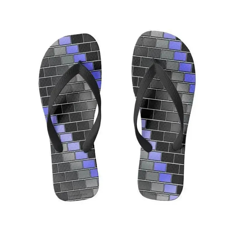 Flip Flops-BRICK WALL #2 Wide-Strap Flip Flops-Black & Grays & Light Blues-from COLORADDICTED.COM-